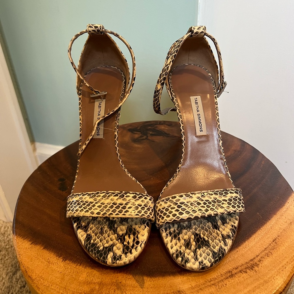 Tabitha Simmons Snake-Print Ankle-Strap Heels in Beige and Black